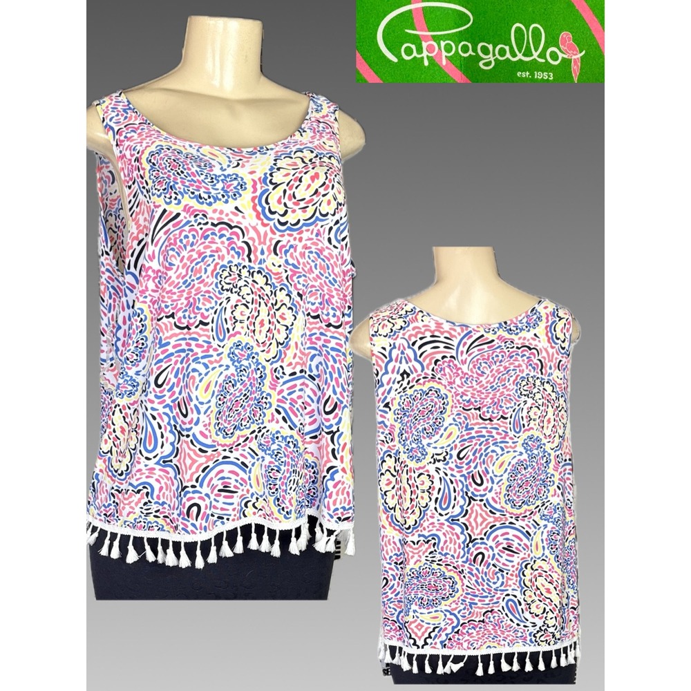 Cappagallo L Tropical Pink Multi Paisley Scoop Neck Tassel Fringe Hem Tank Top
